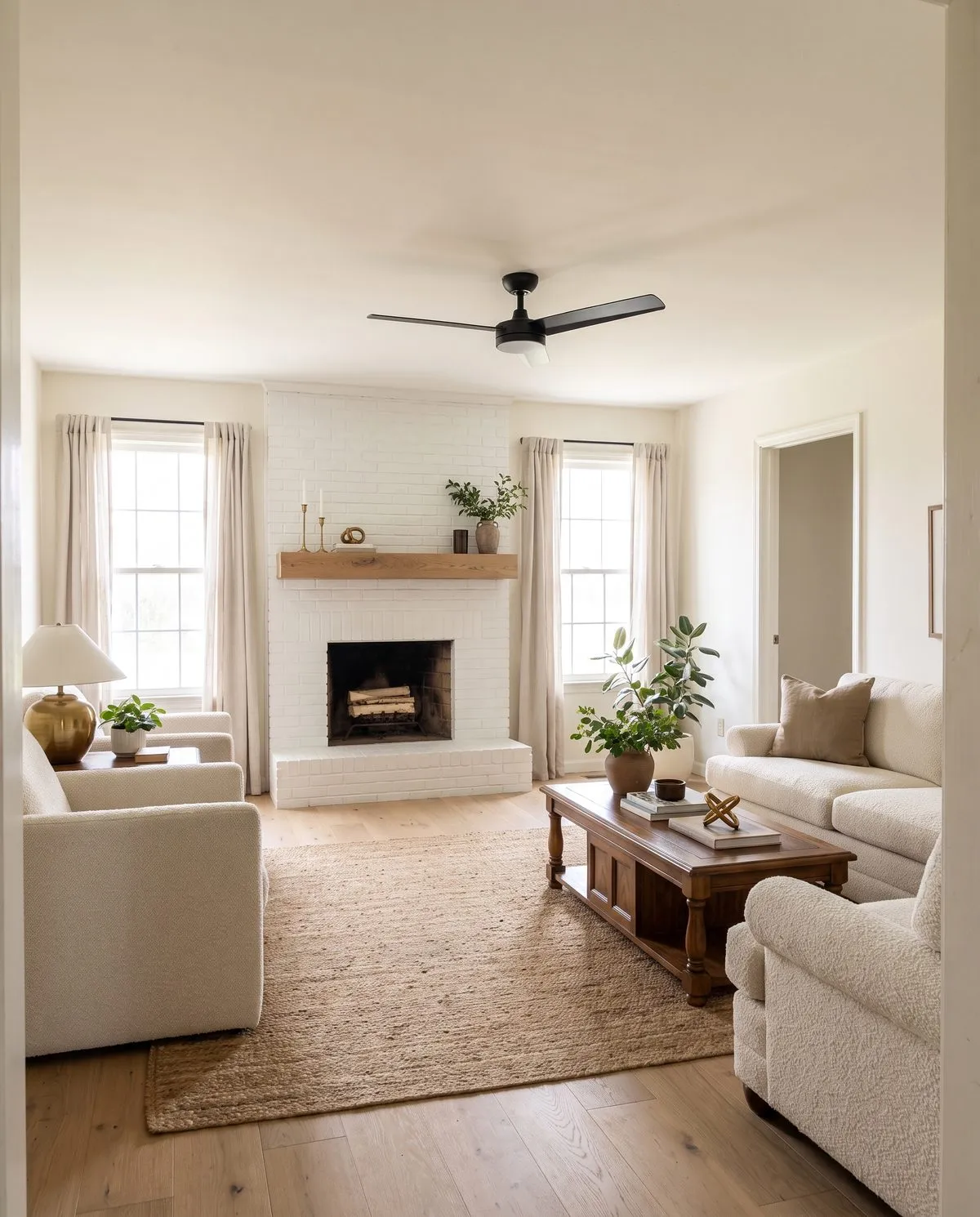 The same living room after remodeling — painted brick fireplace, oak floors, light and open