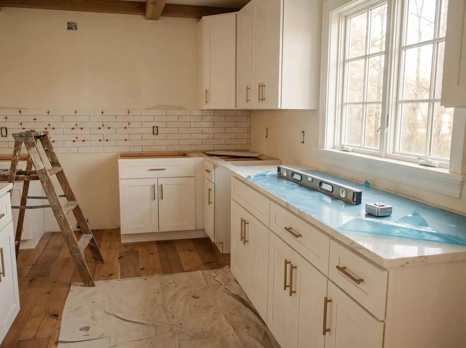A kitchen remodel in progress — new cabinetry installed, tile backsplash partly laid