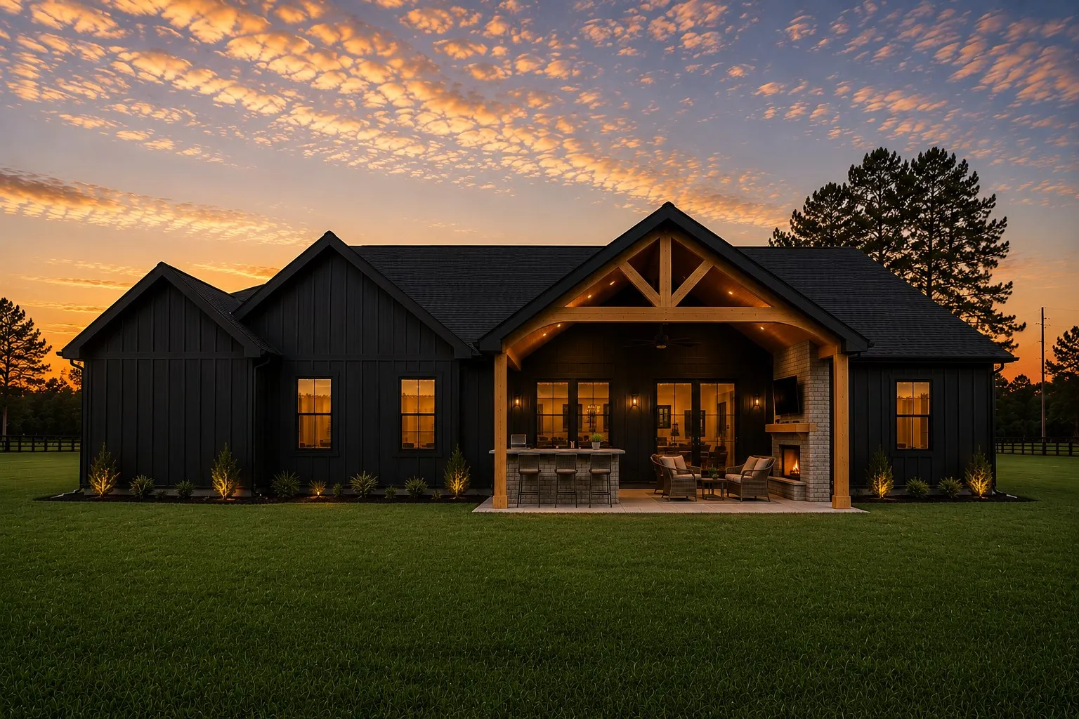 Artist rendering of the home planned for Homesite 6 — covered patio with fireplace and outdoor kitchen at dusk