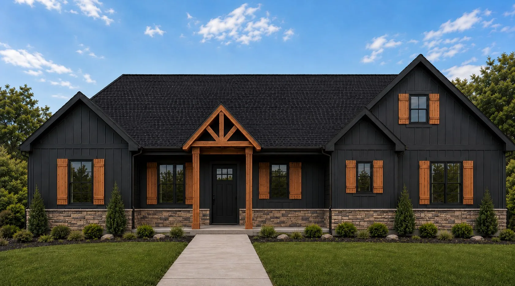Hucks Homes rendering — a black board-and-batten home with a timber entry, cedar shutters, and stone base