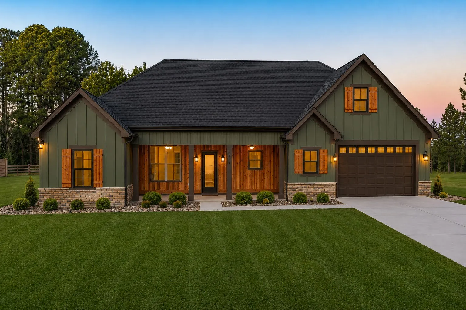 The Santee at dusk — rendering of the home under construction at Bucksville Crossing